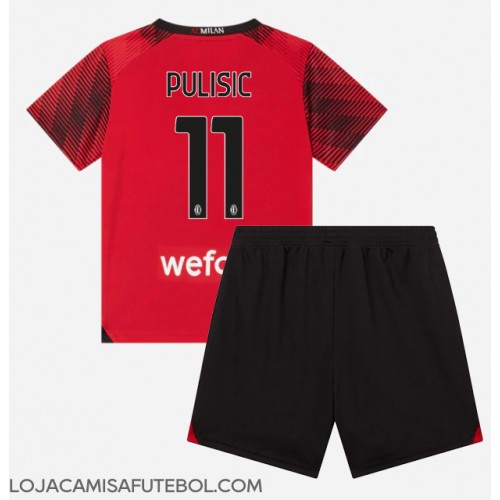 Camisa de Futebol AC Milan Christian Pulisic #11 Equipamento Principal Infantil 2023-24 Manga Curta (+ Calças curtas)